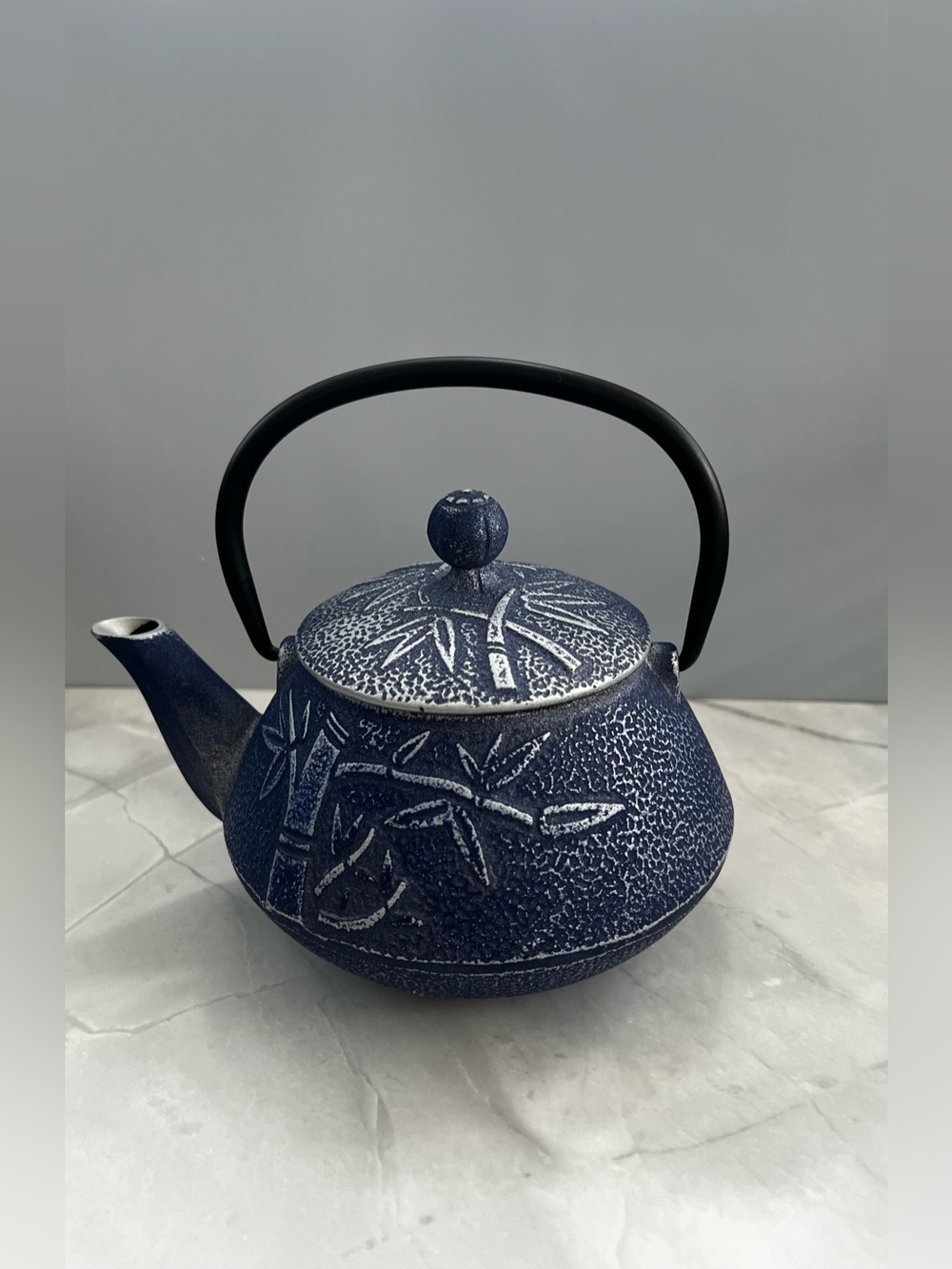 Japanese cast iron Bamboo Pine & Blossom Tetsubin teapot Blue